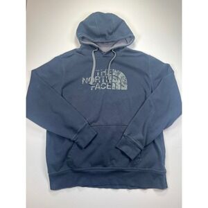 The North Face Hoodie Mens L Blue Distressed Graphic Logo Pullover Sweatshirt